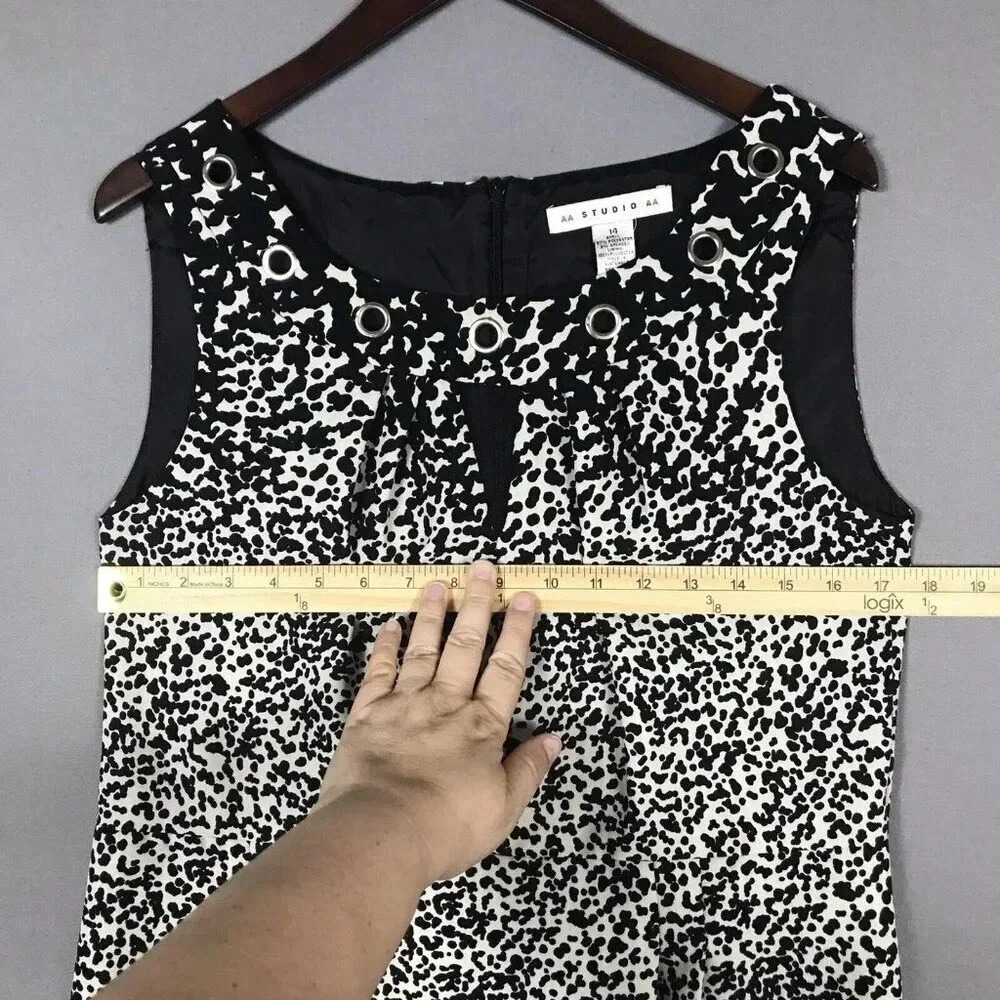 Black White Sleeveless Sheath Dress Size 14 Pleated Animal Print AA Studio Artsy - Picture 14 of 16